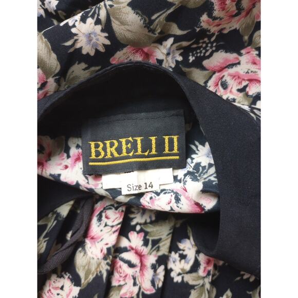 Vintage Dress 14 Large Long Sleeve Pleated Black Pink Flowers Secretary Breli - Picture 7 of 10